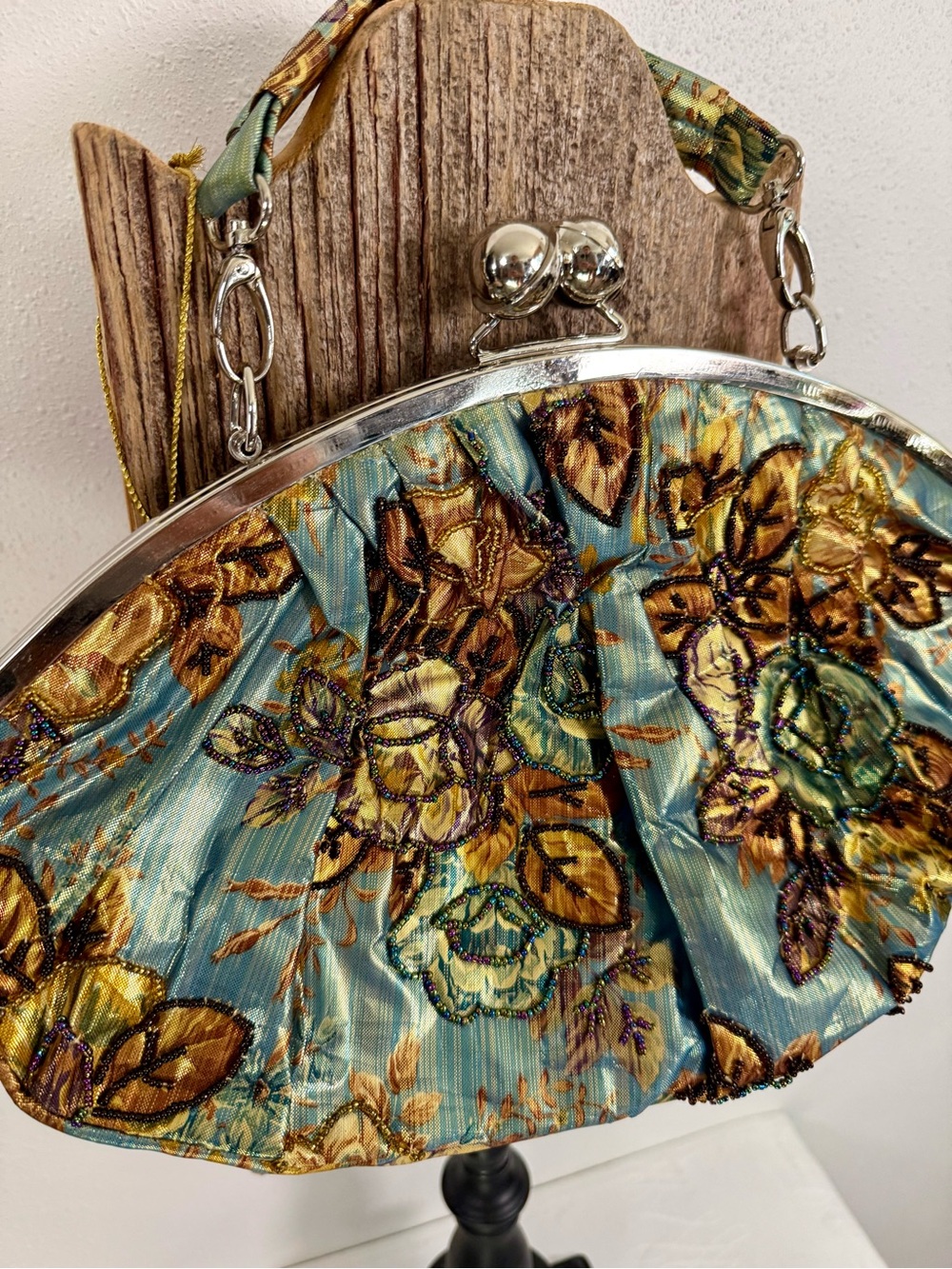 Vintage Floral Beaded Embroidered Frame Handbag Aqua Evening Bag - Picture 2 of 8